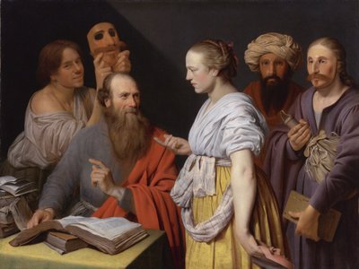 Een geleerde in zijn studeerkamer met figuren met maskers door Willem van der Vliet